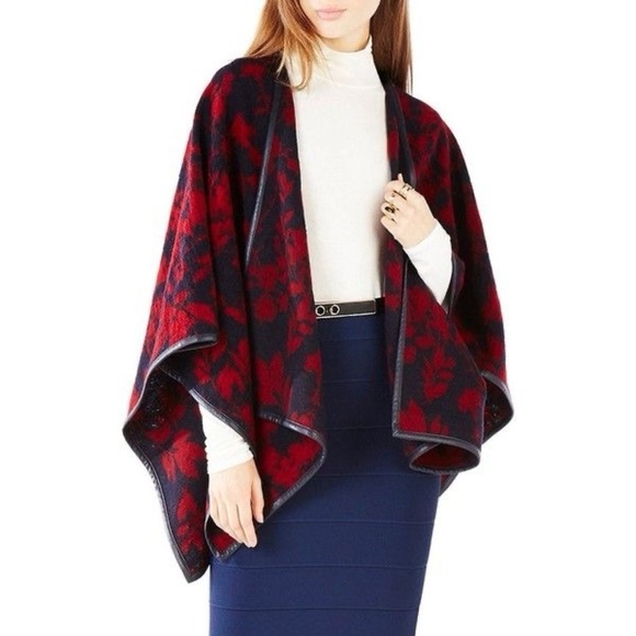 BCBGMAXAZRIA RUDY Ink Combo Collarless Open Front Asymmetric Wool Cape Wrap NEW - Picture 3 of 10